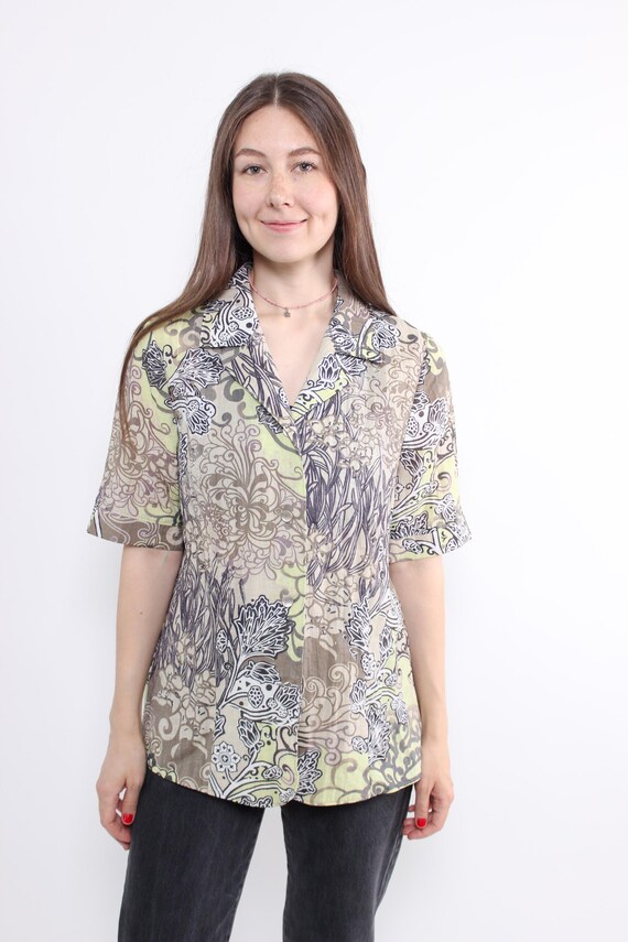 Botanical Print Camp Collar Blouse Linen Blend Short Sleeve Vintage L