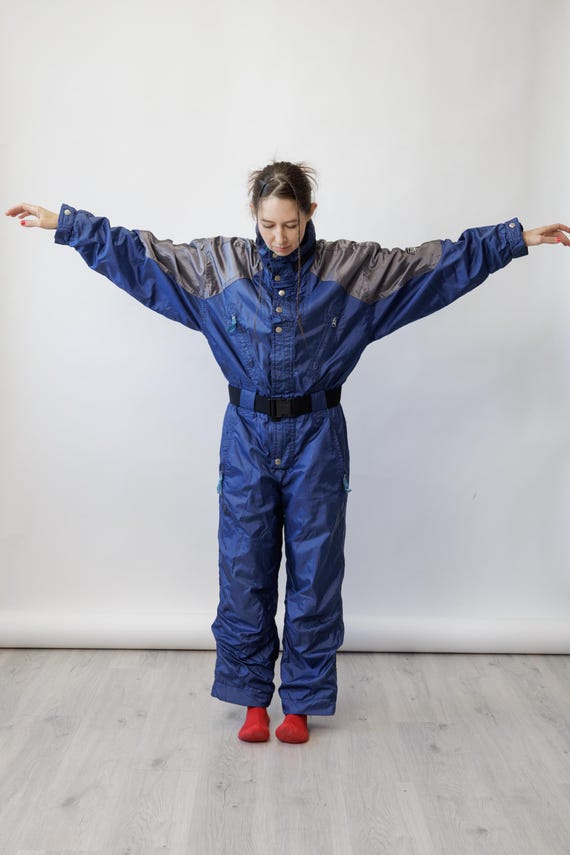90s Navy Silver Grey Colorblock Vintage Ski Suit Shiny Nylon Unisex Snowsuit Size L