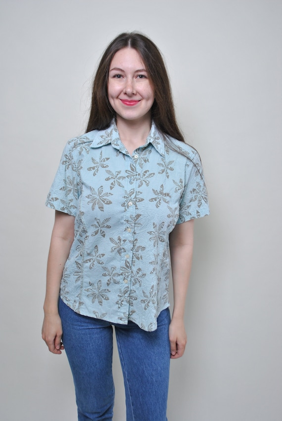 Blusa azul con flores vintage camisa con botones estilo anos 90 camisa de manga corta de moda de verano blusa hawaiana de algodon con flores talla M Etsy Espana