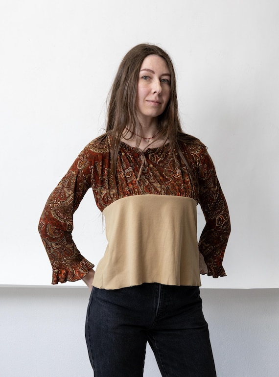 Y2K Rust Paisley Boho Top Color Block Camel Bishop Sleeve Stretch Peasant Size M