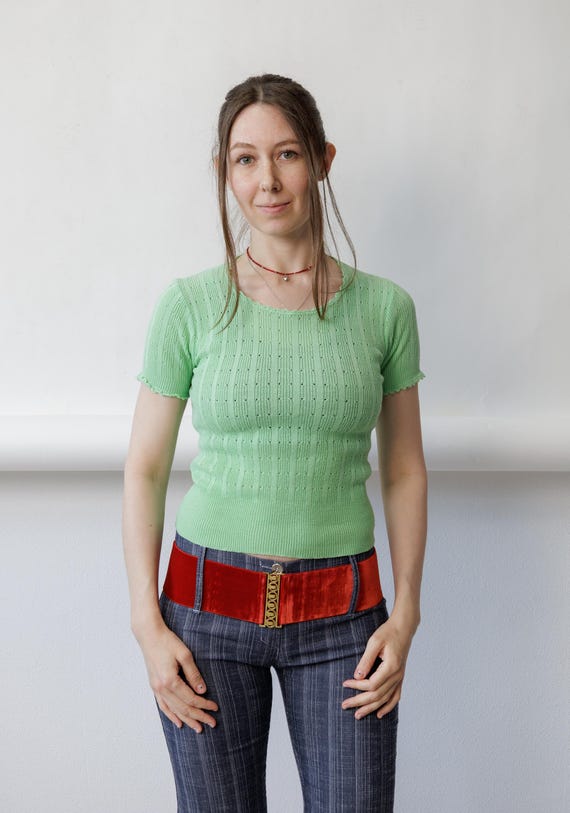 Y2k Green Pointelle Knit Top Fitted Crop Lettuce Edge Short Sleeve Cottagecore S