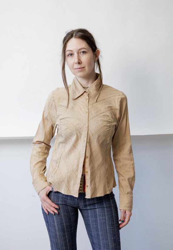 Y2K Beige Gold Stripe Fitted Shirt 2000s Big Collar Darted Button Up Blouse M