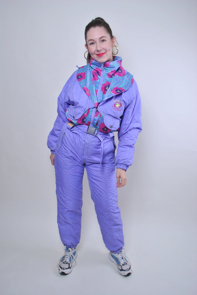 Vintage one piece flowers ski suit purple retro snow suit Size M
