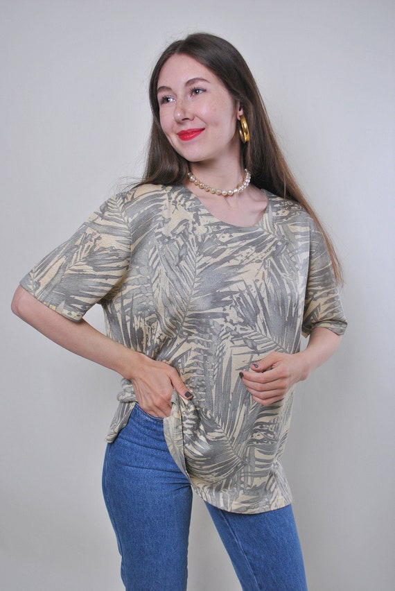 90s pullover floral blouse, vintage Nature print  beige summer blouse, Size L
