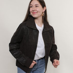 y2k leather crop jacket, vintage 2000s brown aviator cropped jacket, Size XL