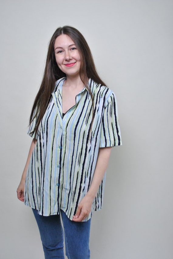 Vintage Multicolor Oversized Blouse, 90s Striped Pattern Blue Summer Festival Button-up Shirt, Size L