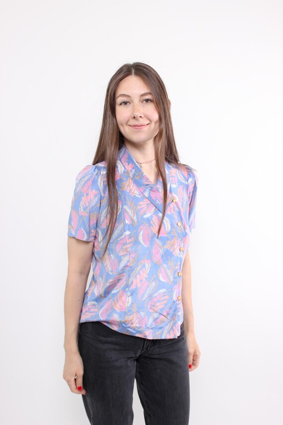 Vintage 80s Abstract Pastel Blouse, Retro Short Sleeve Polyester Top