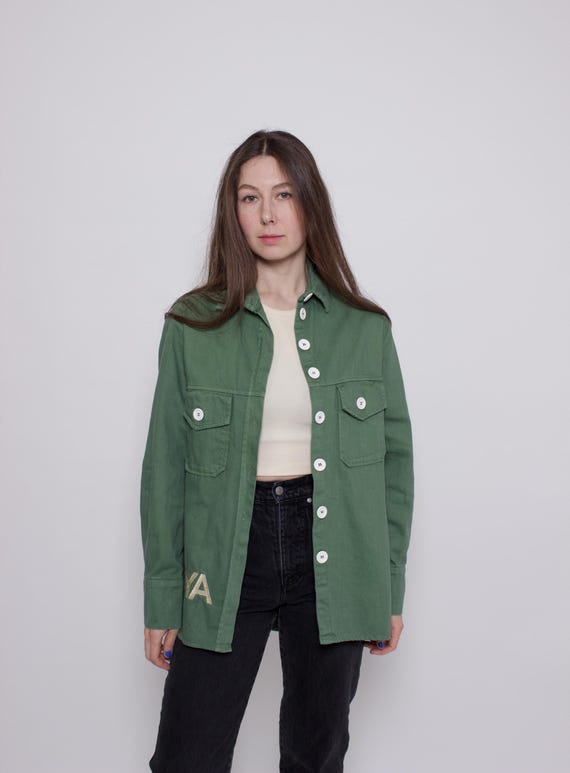 Vintage Italian Cotton Jacket Women Green Utility Jacket Overshirt, Size M
