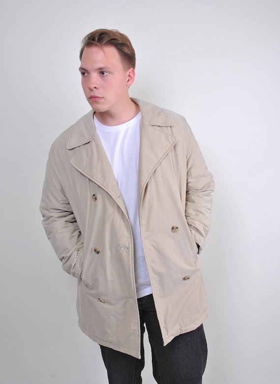 90s Double Breasted Beige Cotton Coat Vintage Oversized Minimalist Mens Spring Outerwear M