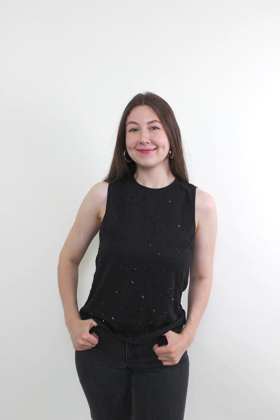 Vintage 90s Black Beaded Mesh Tank Top, Floral Sequined Cocktail Blouse, Whimsigoth Party Crop Top, Sheer Evening Embroidery Shirt, Size M
