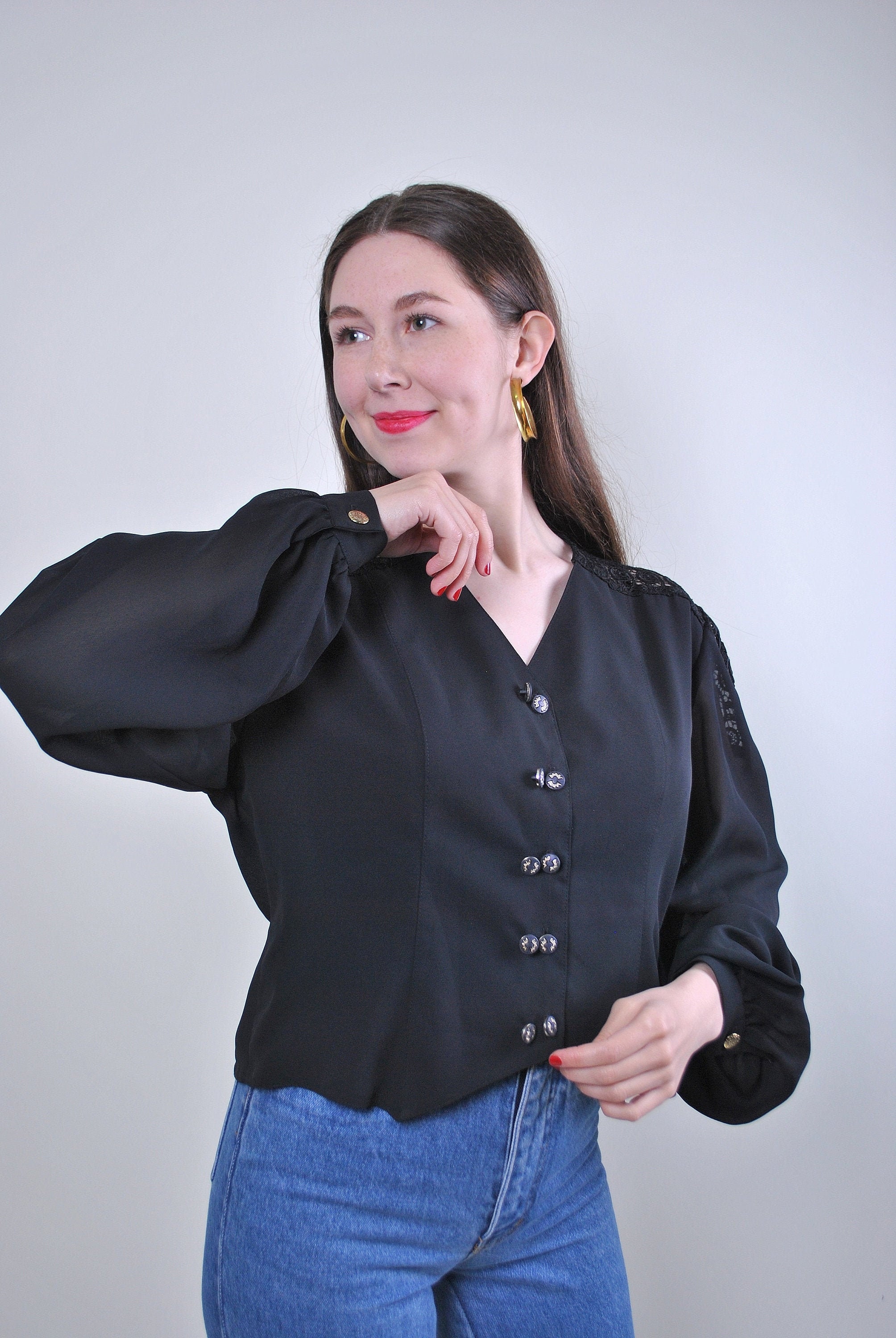 Women vintage black lace secretary blouse Size M | Etsy