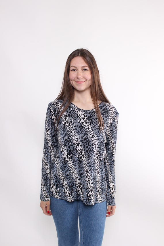 90s leopard print pullover blouse, vintage long sleeve blouse in blue, Size M