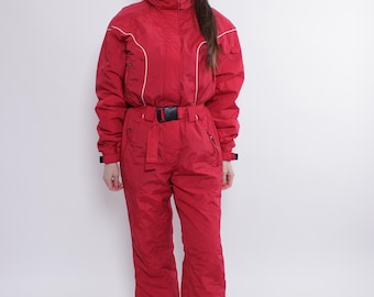 Vintage 90s Red One Piece Ski Suit, Retro Hooded Apres Ski Snowsuit, Size M