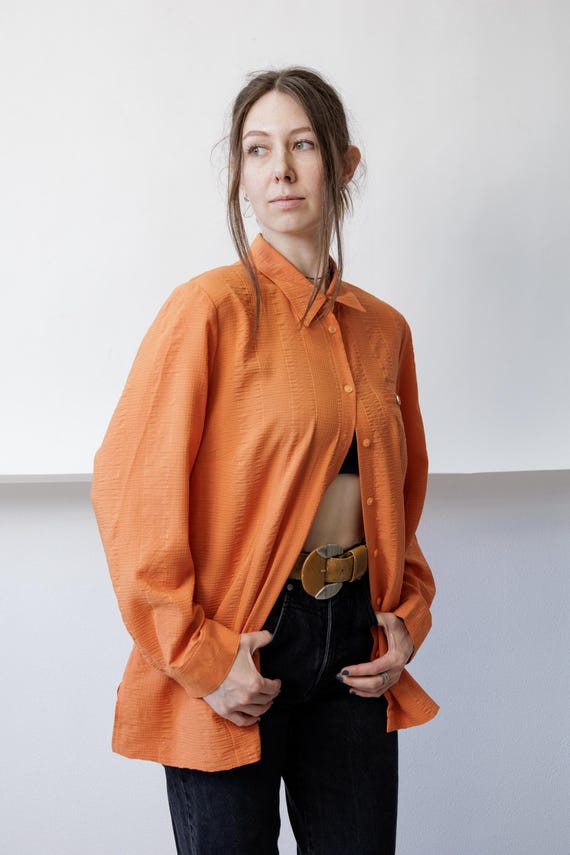 70s Orange Textured Weave Blouse Vintage Long Sleeve Boho Button Up Top Size L
