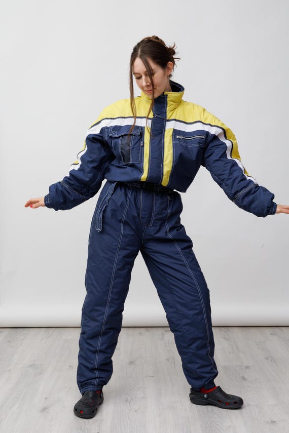 Navy Lemon Yellow White Stripe Vintage Ski Suit Jumpsuit Tall Long Torso Size L