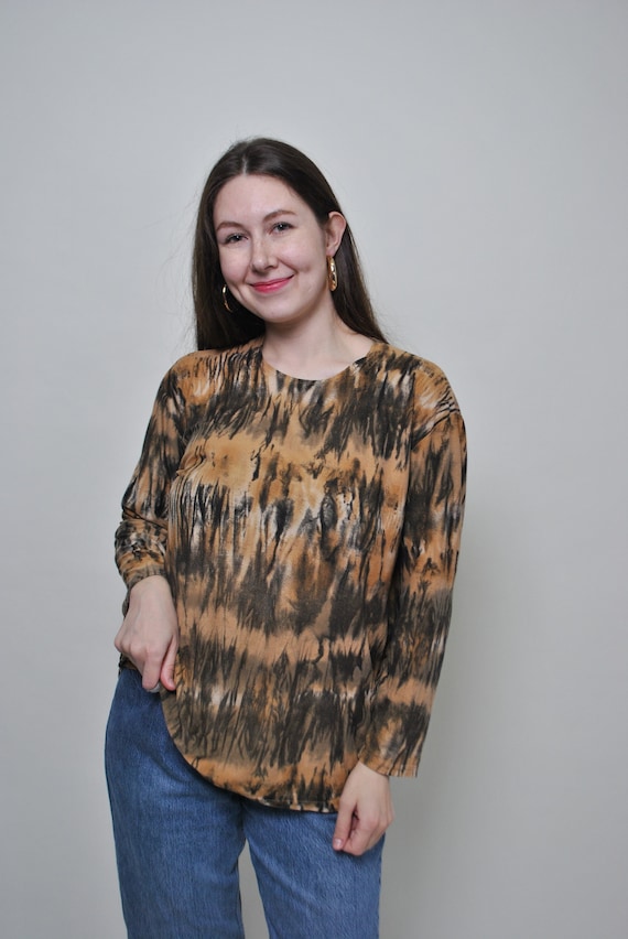 90s Vintage Abstract Print Blouse: Brown Long Sleeve Pullover, Size L