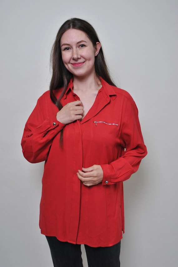 Tomato Red Blouse Zip Pocket Notched Lapel Y2K Office Siren Womens L