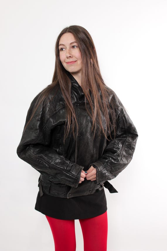 80s Black Crinkle Leather Jacket Vintage English Batwing Belted Snap Front Bomber Size L