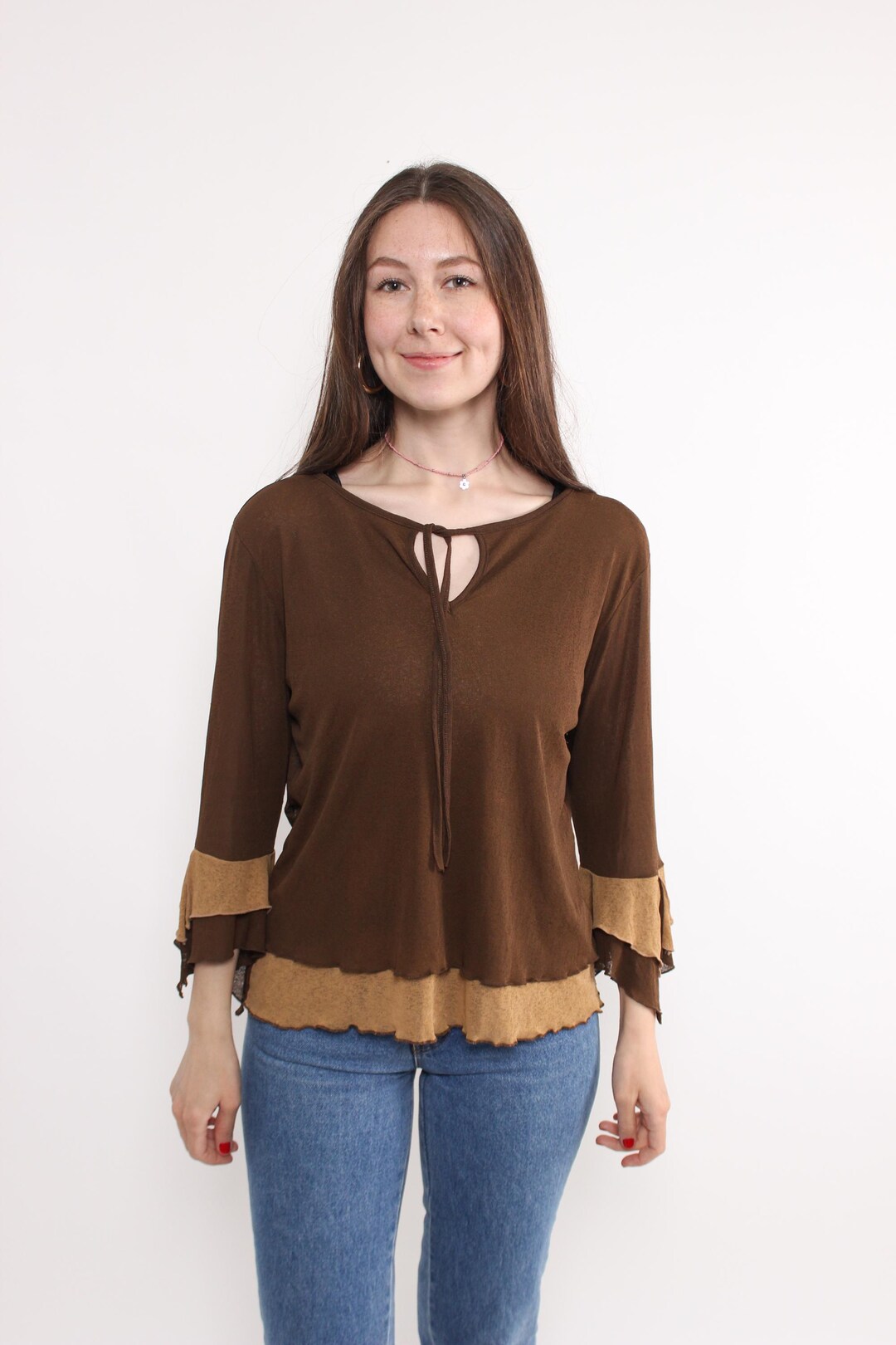 90s Ruffled Blouse in Brown, Vintage Rushed Relaxed Fit Pullover Blouse ...