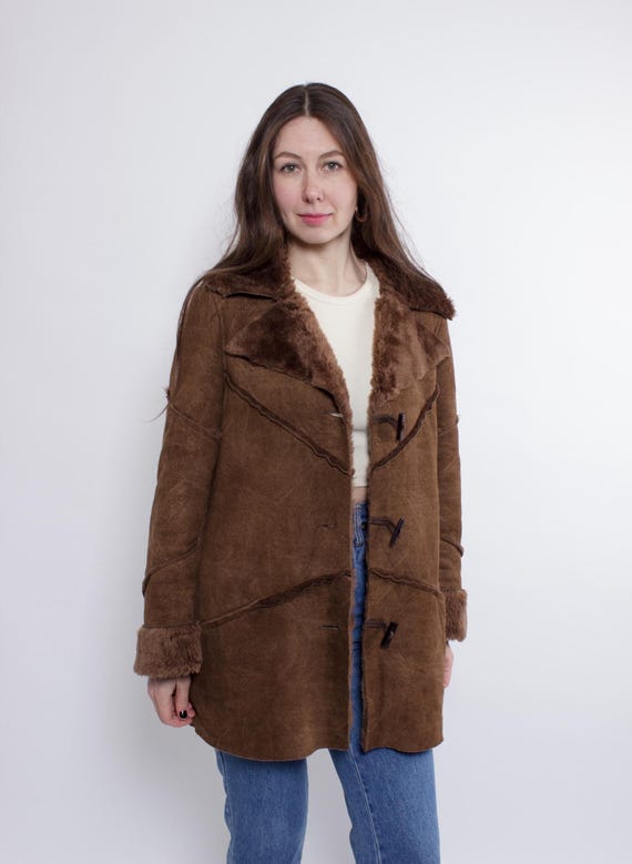 70s Penny Lane Coat Faux Shearling Afghan Coat Patchwork Suede Toggle Closure Boho M