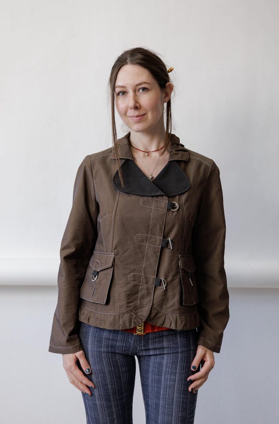 Y2K Bronze Brown Buckle Jacket Vintage Contrast Stitch Asymmetric Ruffle Hem Blazer Size M