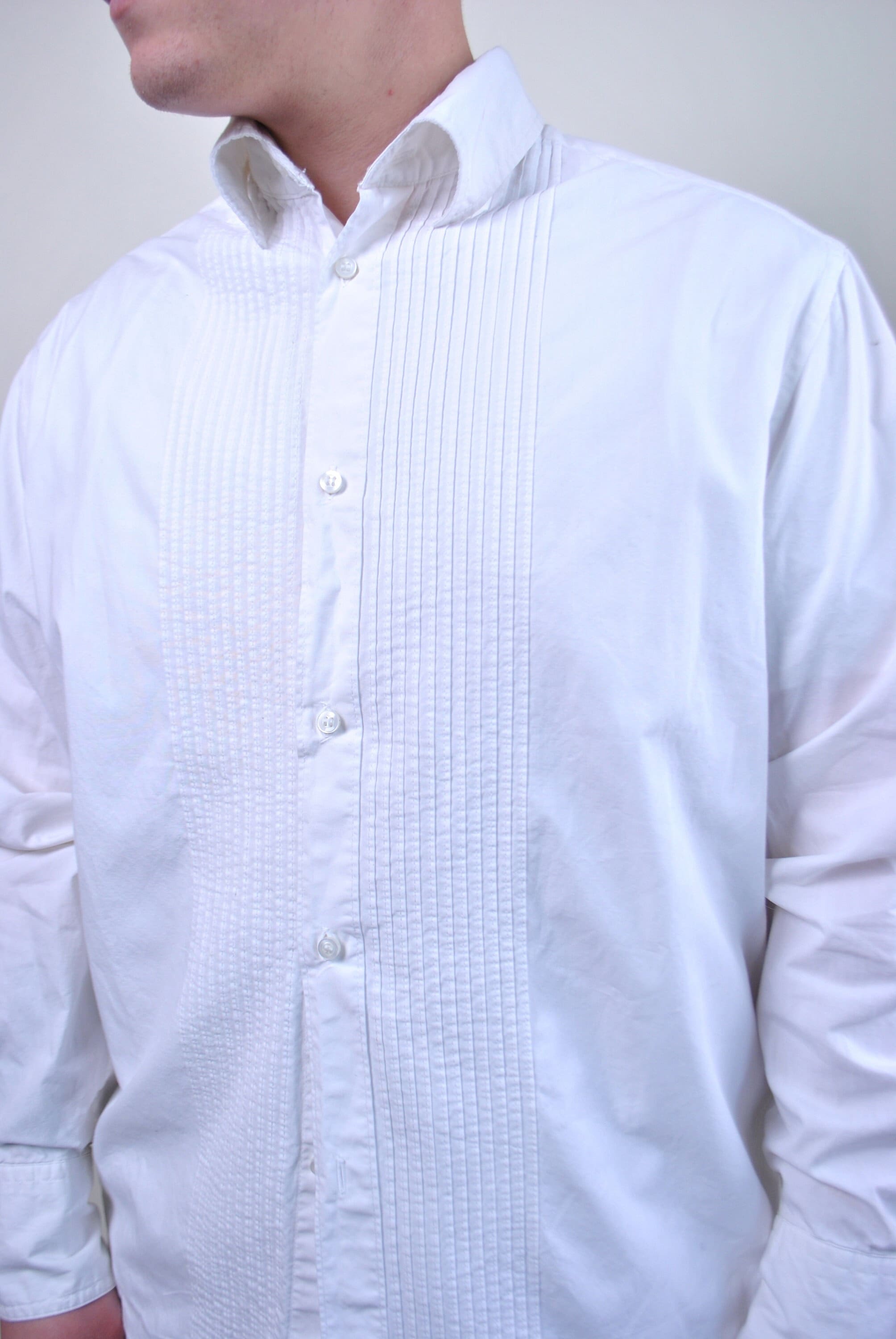 mens ribbed dress shirt Men White Shirt, Ribbed Evening Button Down, Vintage 80s Style Wedding Shirt  for Him 1990s Retro Long Sleeve Large Suit Dress Shirt, Size L