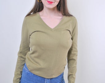 Women jumper v-neck minimalist  vintage green sweater, Size M