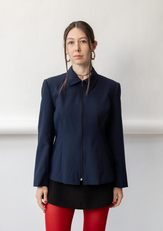 90s Navy Zip Front Blazer Vintage Minimalist Fitted Collared Tailored Jacket Size M