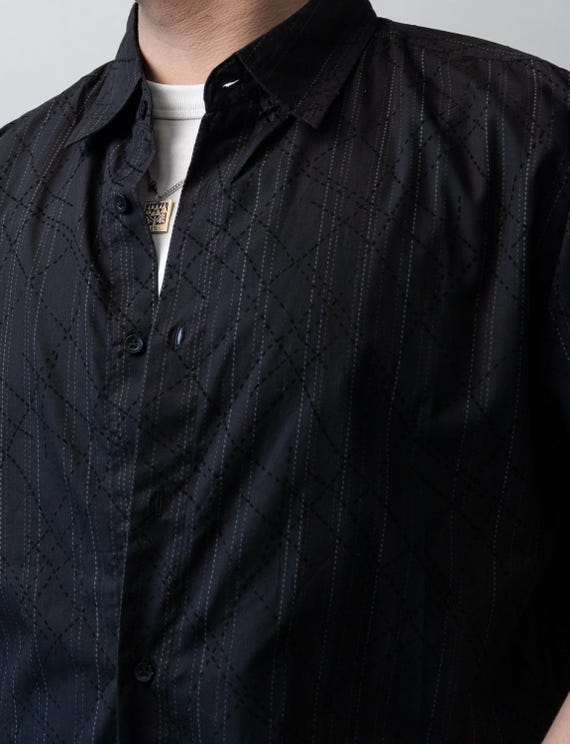 Diamond Pattern Black Shirt 90s Short Sleeve Mens Oversized XXL