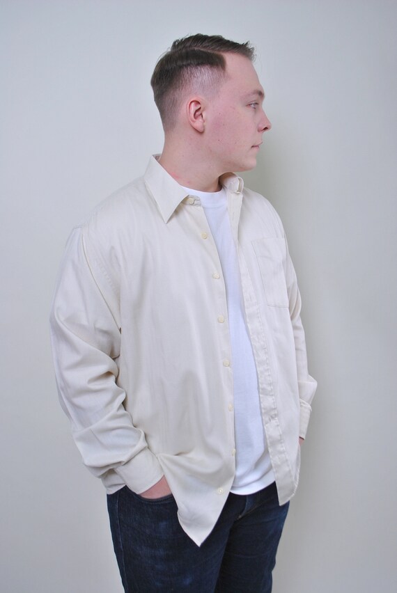 Vintage minimalist beige shirt, retro men button … - image 5