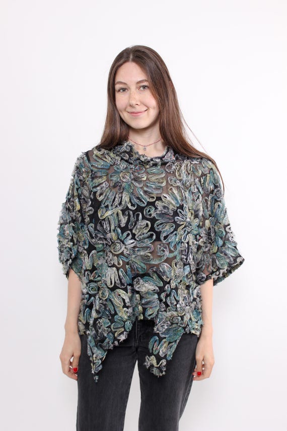 90s sheer floral blouse, vintage oversized black mesh top with textured flowers, Size L