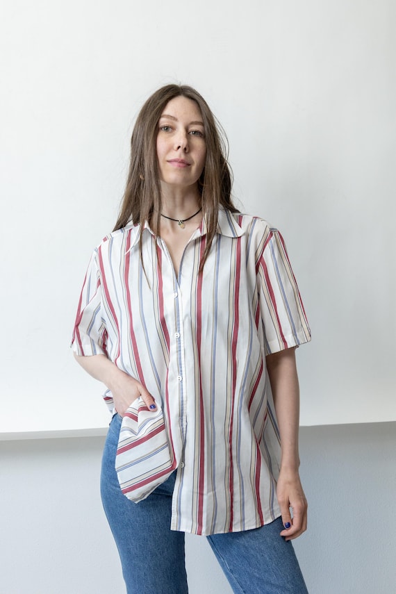 90s Striped Shirt Red Blue Vertical Vintage Oversized Button Up Blouse Size XL