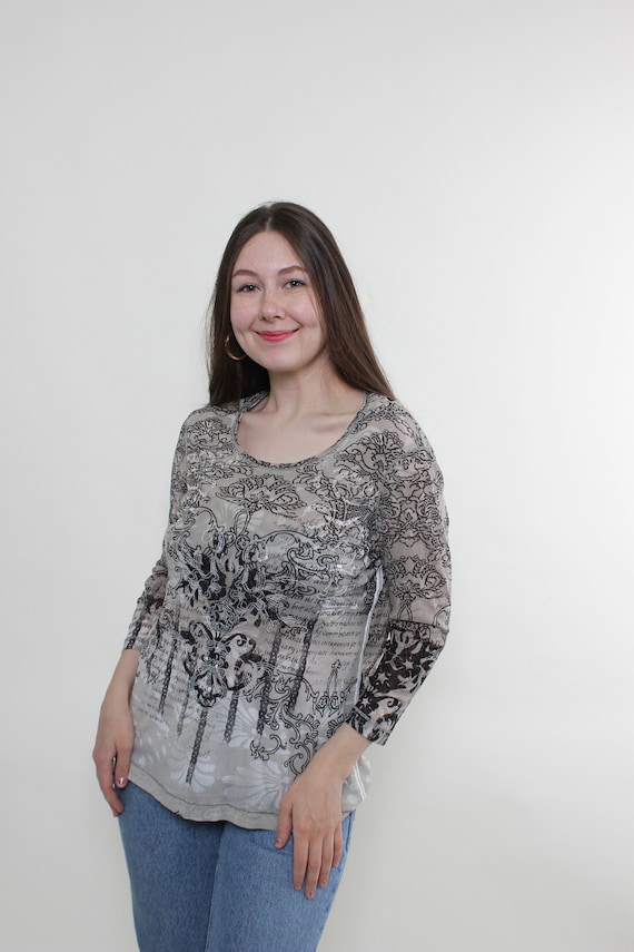 Y2K Floral Blouse: Vintage Embroidered Pullover, Size M