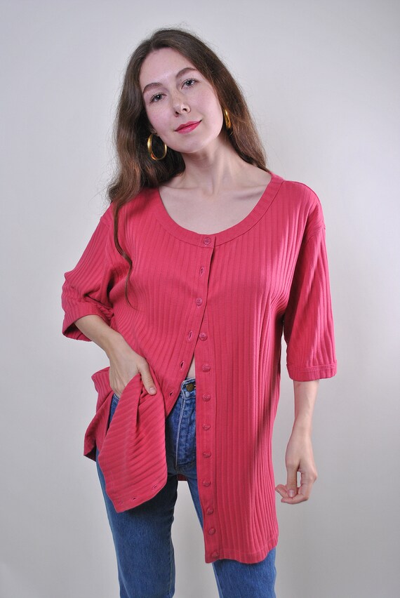 Vintage 90s Pink Striped Oversized Polyester Blouse, Relaxed Fit XL Top