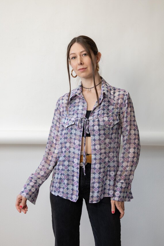 Y2K Purple Daisy Blouse Vintage Sheer Ribbon Tie Dagger Collar Top Size M