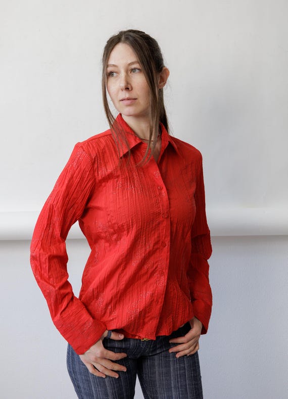 Y2K Red Crinkle Blouse Vintage Glitter Fitted Crushed Texture Button Up Size S