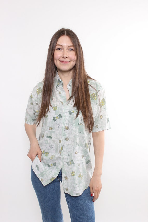 Mint Green Abstract Print Shirt 90s Vintage Cotton Button Up Oversized Blouse Size L