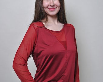 Y2k red mesh blouse, vintage 2000s transparent pullover blouse, Size L