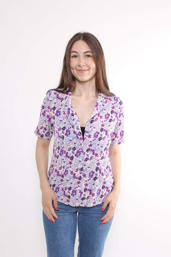 Vintage Purse Floral Print Blouse, 90s Lightweight Short Sleeve Flowers Summer Top, Size XS