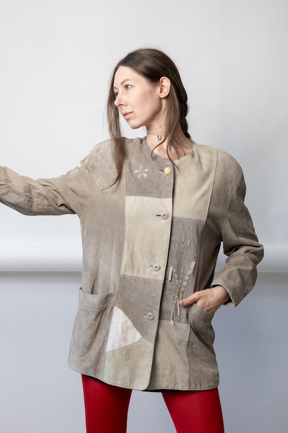 90s Patchwork Suede Leather Jacket Taupe Beige Collarless Shoulder Pads Cutout Flower L
