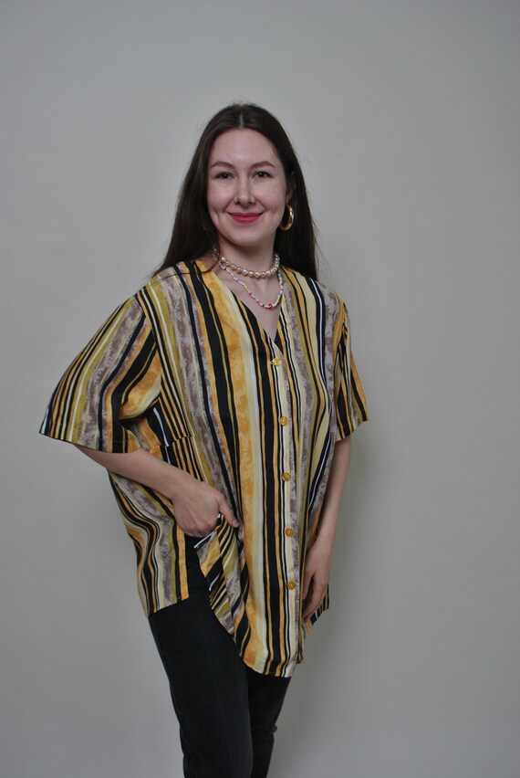 Vintage Marbled Stripe Blouse, Amber Tortoiseshell Buttons, Oversized 90s Boho Shirt