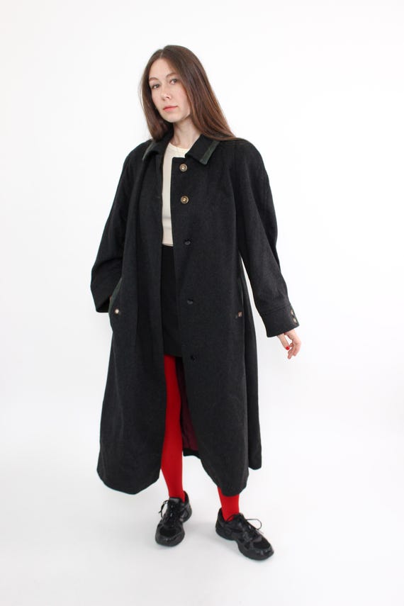 90s Black Wool Maxi Overcoat with Green Collar - Vintage Trench Coat, Size L