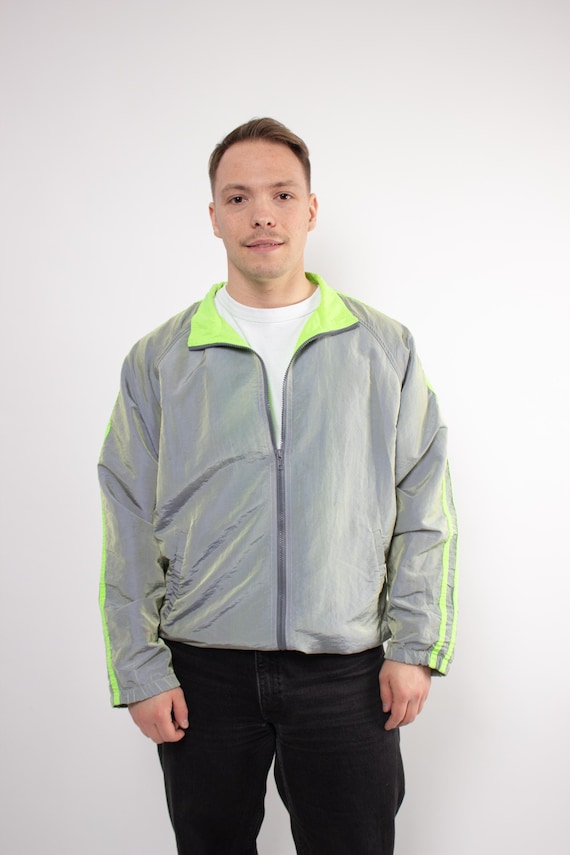 Y2K Grey Neon Windbreaker Vintage Iridescent Nylon Zip Track Jacket Size L