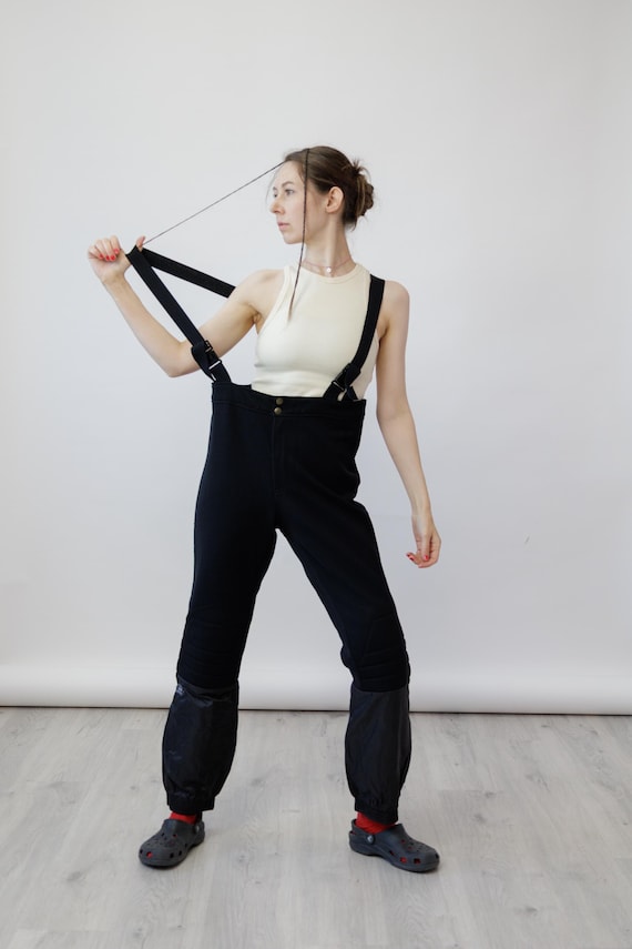 80s Black Wool Stretch Ski Pants High Back Bib Suspenders Nylon Gaiter Vintage Size L