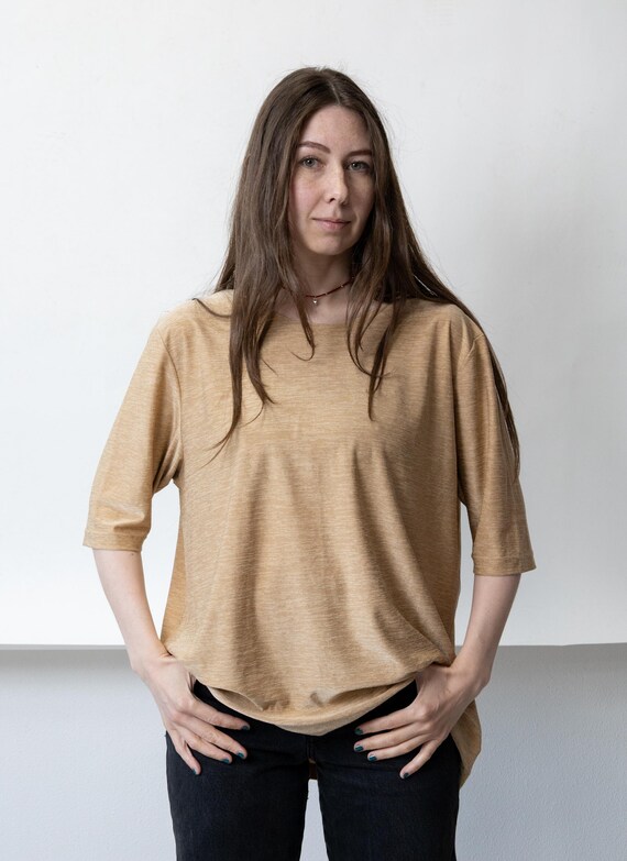 Y2k Camel Boat Neck Top Vintage Oversized Heathered Boxy Minimalist Blouse Size L