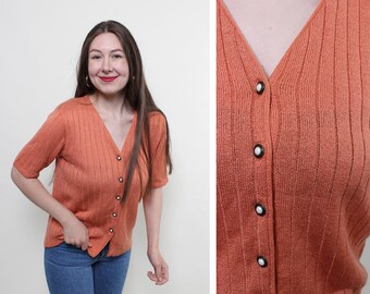 Vintage 90s knit blouse, v-neck button up blouse, retro textured blouse, Size M