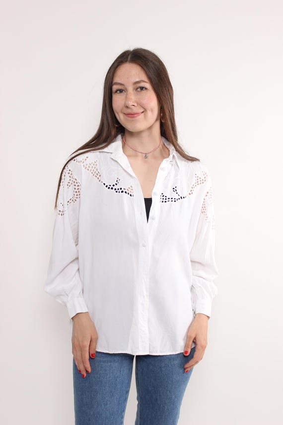 90s floral lace blouse in white, vintage victorian shoulder pads blouse, Size M