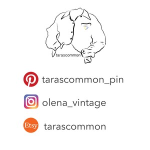 May include: Line drawing of a button-down shirt with a small heart-shaped design in yellow and blue. The image includes social media icons for Pinterest, Instagram, and Etsy, with the usernames tarascommon_pin, olena_vintage, and tarascommon.