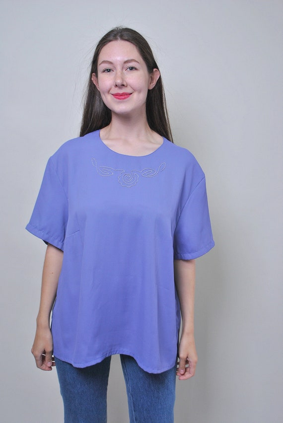 90s purple minimalist blouse, vintage flowers  embroidery blouse for work, Size L