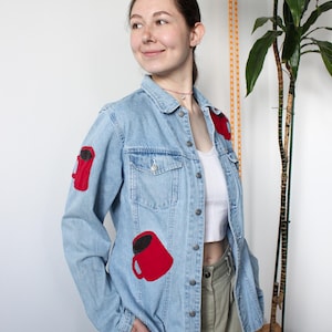 Reworked Vintage Denim Shirt: Coffee Mug Applique, Size M/L